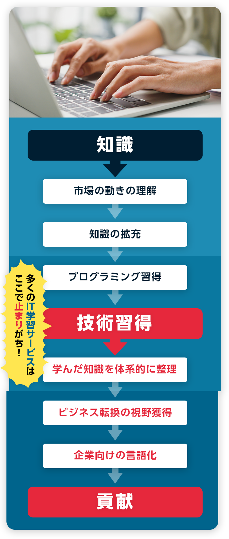 知識 市況感の理解 知識の拡充 プログラミング習得 技術習得 学んだ知識を 体系的に整理 ビジネス転換の 視野獲得 企業向けの言語化 貢献 多くのIT学習サービスは ここで止まりがち